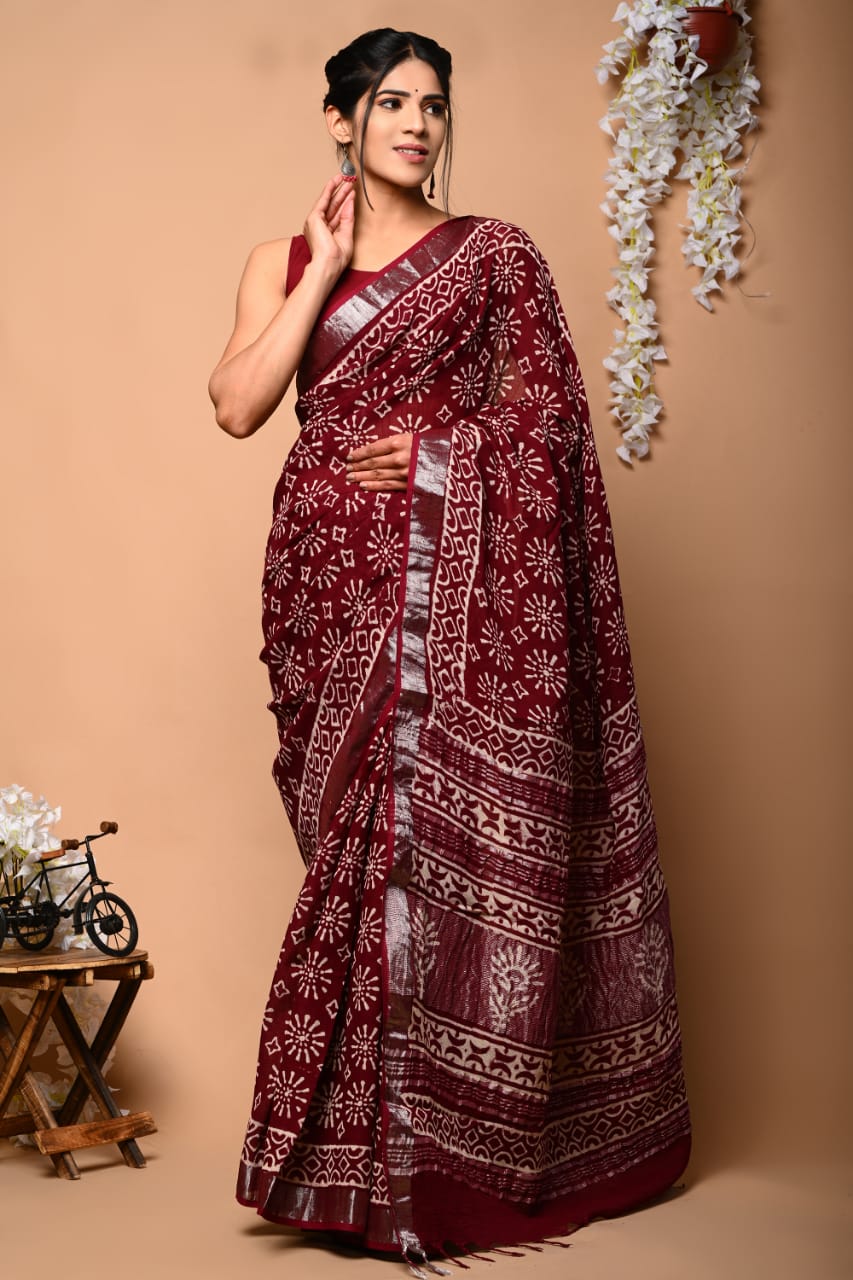 Hand Block Printed Cotton Linen Sarees